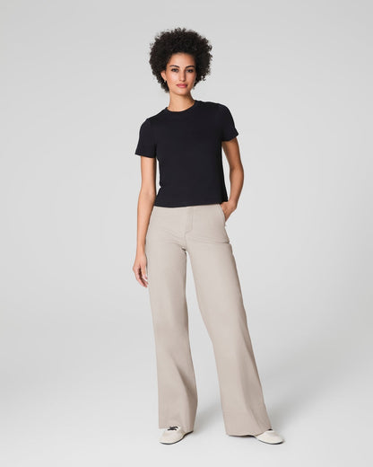 Tummy Control Twill Cropped Wide Leg Pant